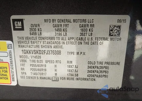 2015 GMC Acadia Slt-2 z USA, uszkodzony, nr VIN 1GKKVSKD2FJ376308